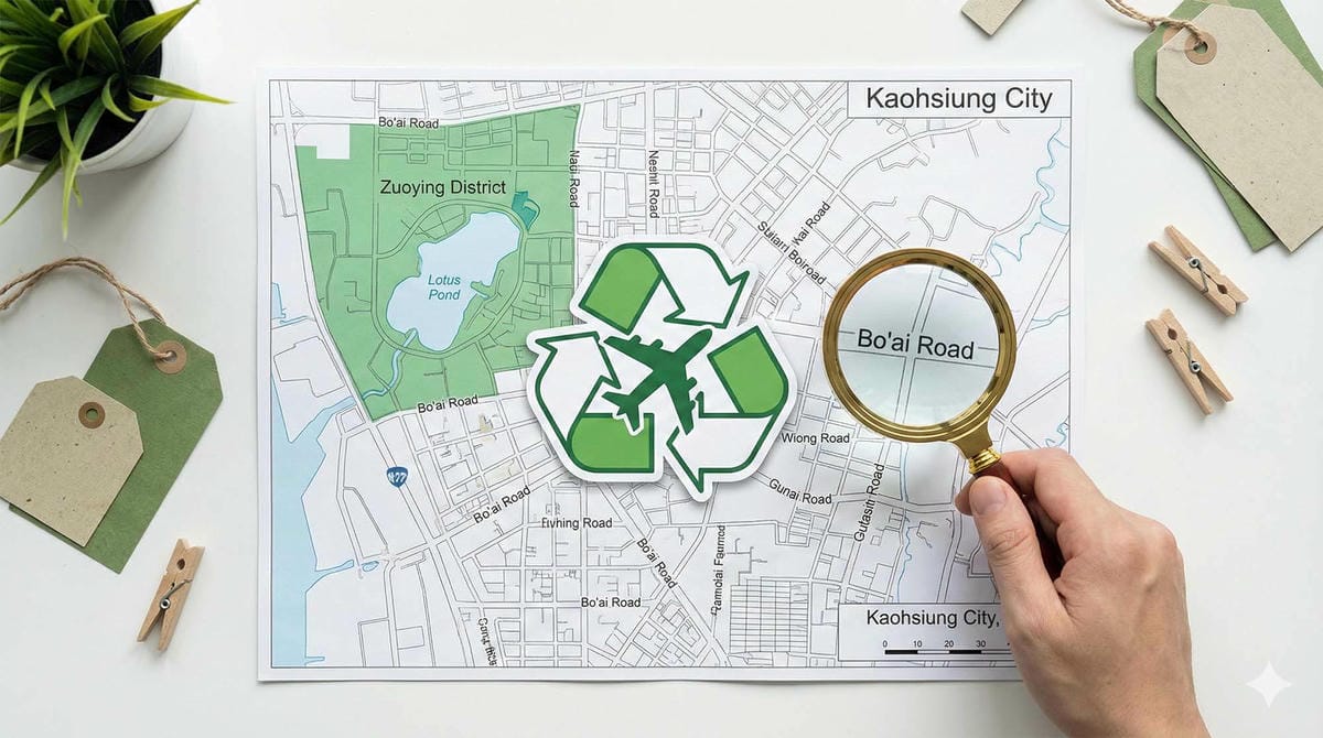 高雄地圖上特別標示出左營區，放置著放大鏡與飛機圖示，象徵在地數位資產回收與價值發現 / Map of Kaohsiung with Zuoying District highlighted, magnifying glass and airplane icon, symbolizing local digital asset recycling and value discovery.